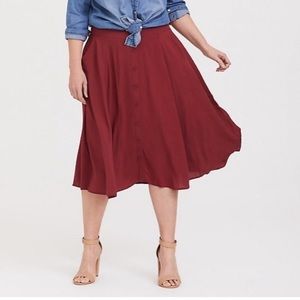 Torrid Red/Maroon Challis Button Midi Skirt Large